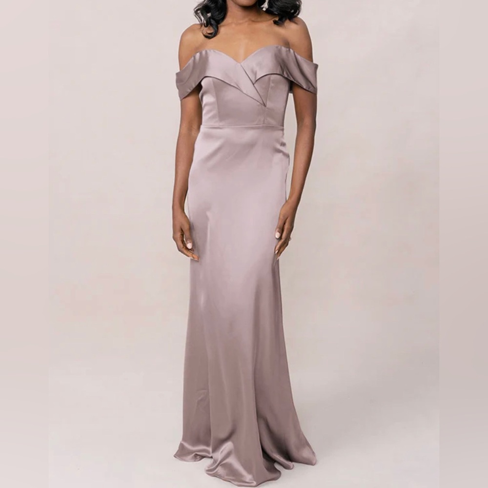 Revelry Bardot satin taupe bridesmaid dress. Size 2 petite